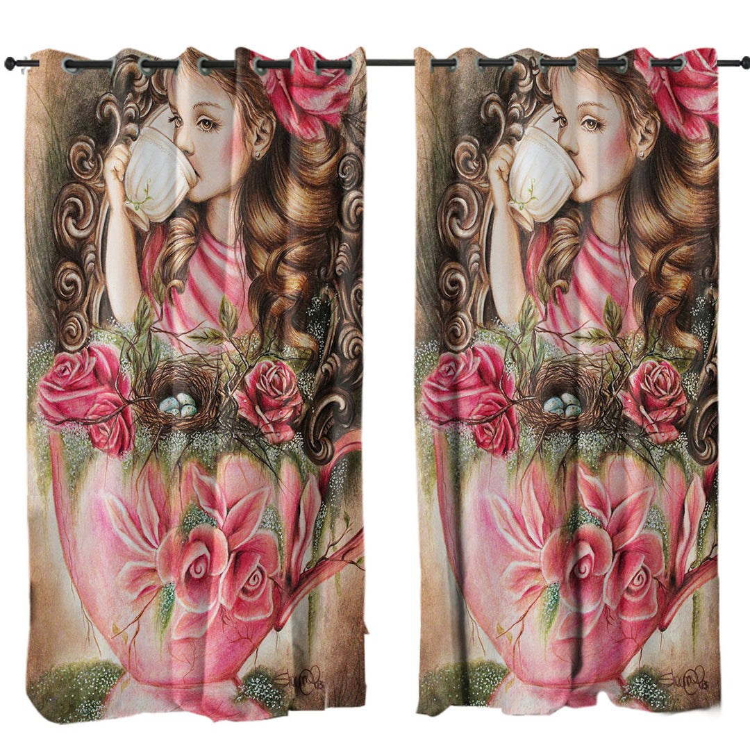 Art Painting Curtains for Living Room Little Girl Porcelain Cup and Roses