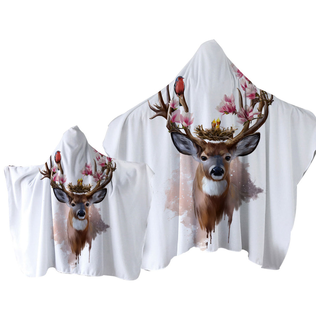 Art Painting Cute Birds Nest on Deer Antlers Hooded Beach Towel