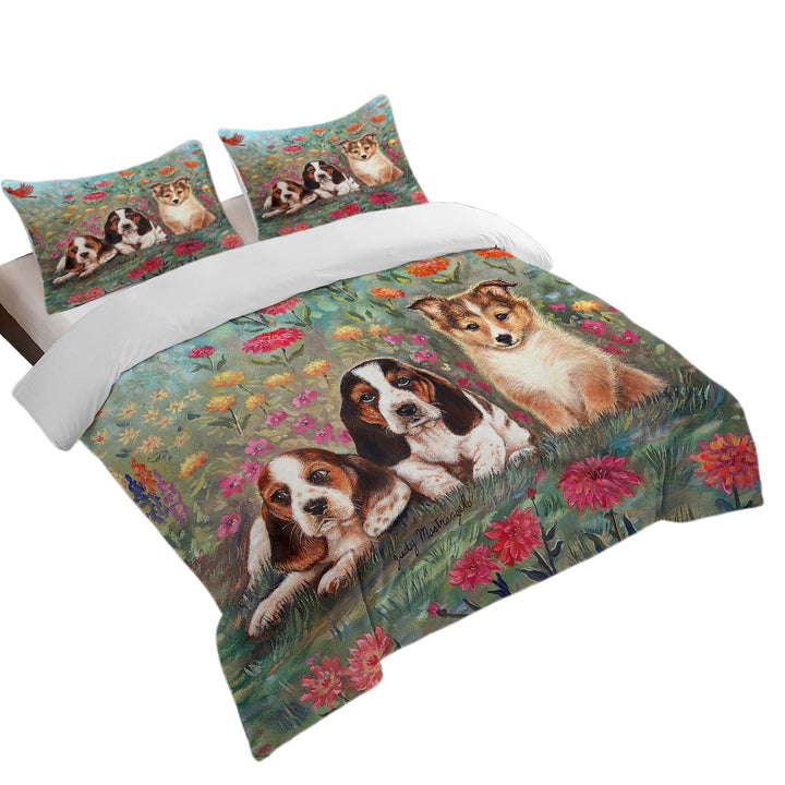 Art Painting Cute Dog Puppies and Flowers Daybed Covers Sets