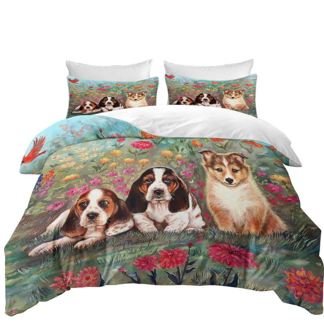 Art Painting Cute Dog Puppies and Flowers Duvet Cover Queen