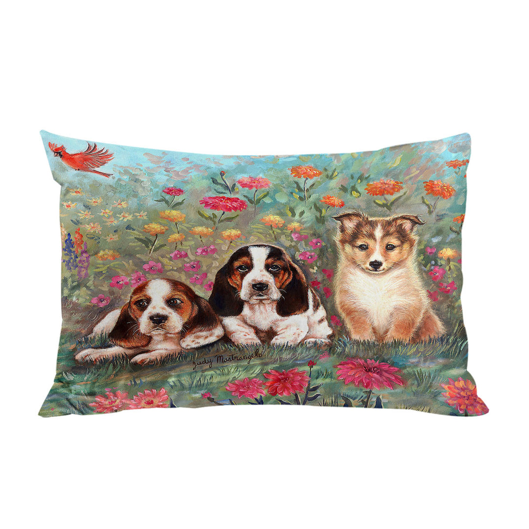 Art Painting Cute Dog Puppies and Flowers Pillow Cases