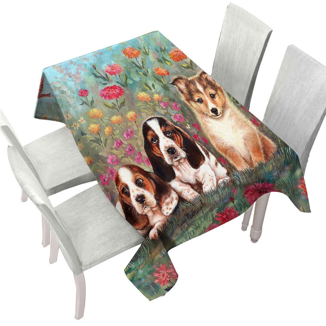 Art Painting Cute Dog Puppies and Flowers Tablecloths