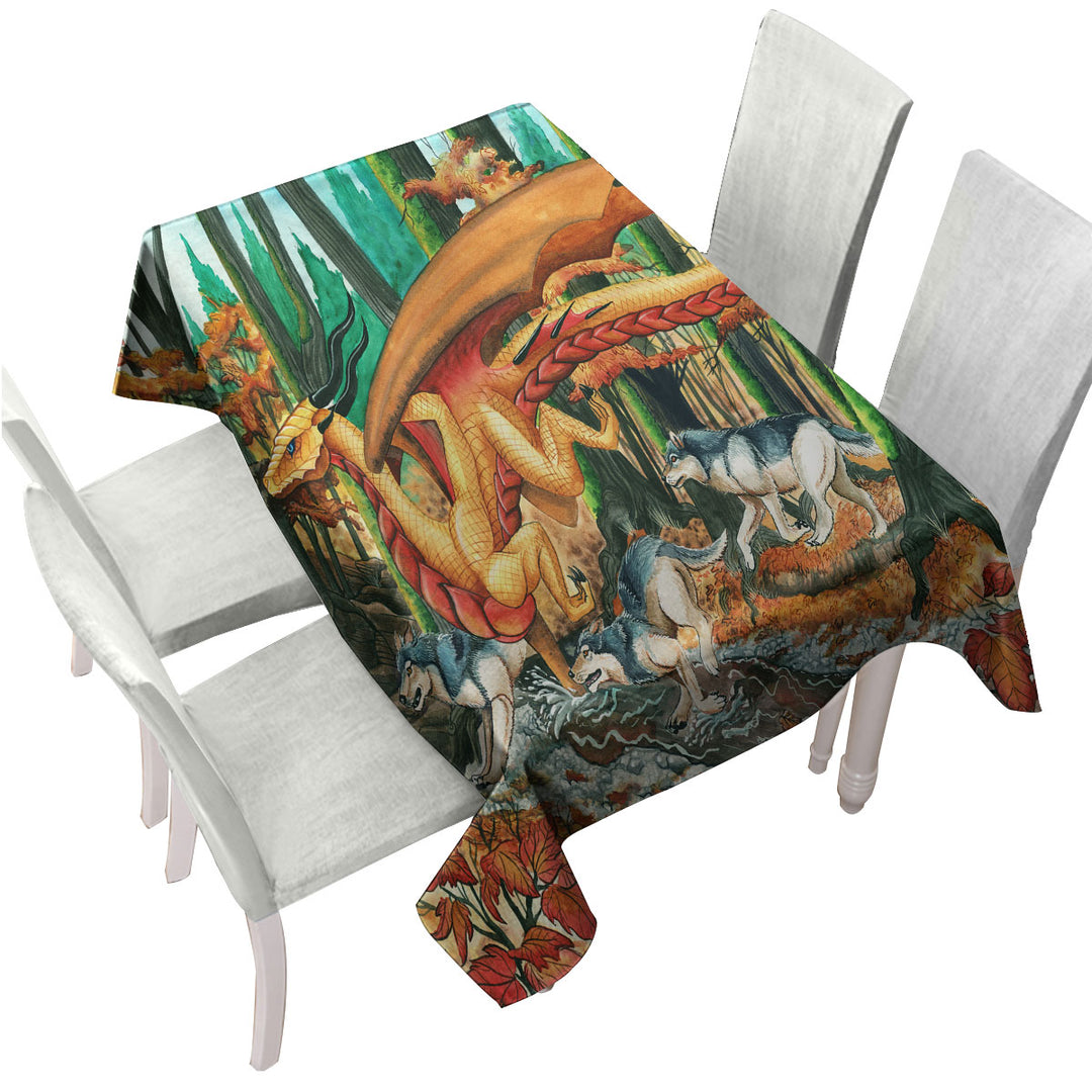 Art Painting Fall Leaves Wolves and Dragon Custom table Covers