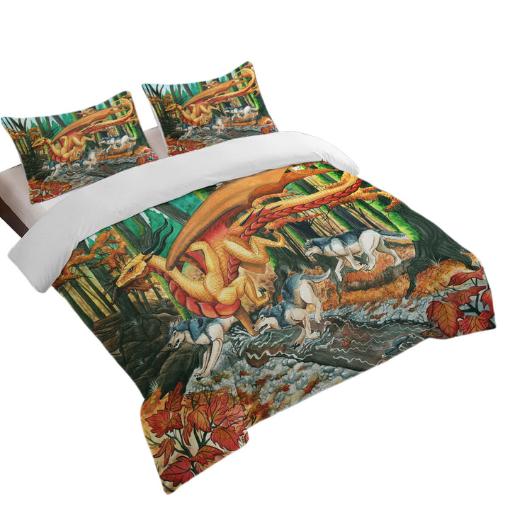 Art Painting Fall Leaves Wolves and Dragon Duvet Covers