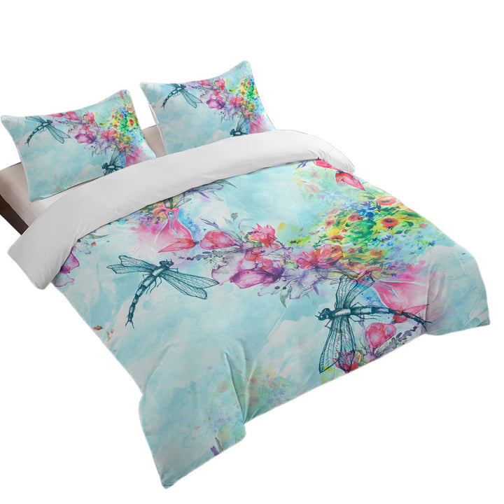 Art Painting Flowers and Dragonflies Duvet Cover sale