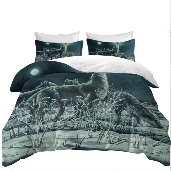 Art Painting Full Moon Wolf Pack Comforter Cover