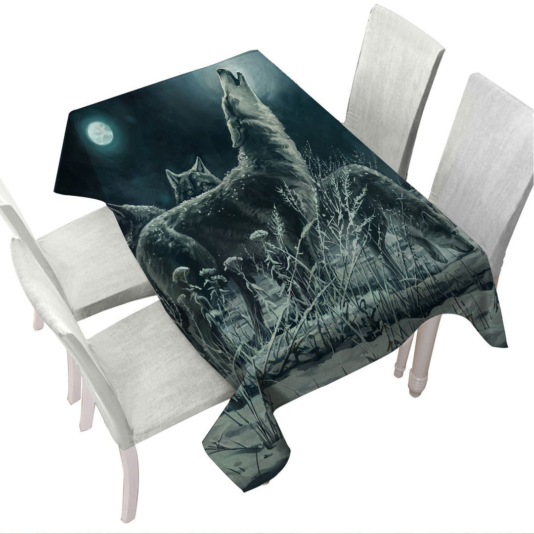 Art Painting Full Moon Wolf Pack Tablecloth