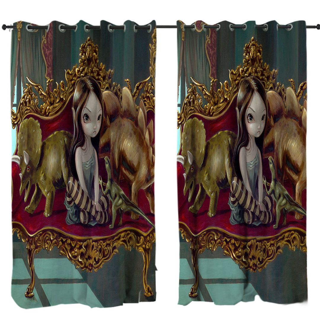 Art Painting Girl and Dinosaur Friends Curtain