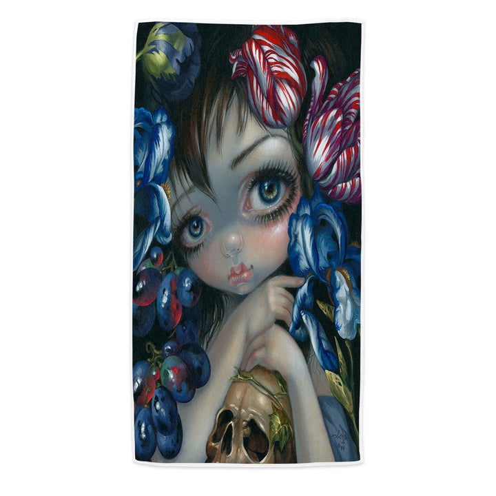 Art Painting Girl with Flower Blossom and Skull Beach Towels