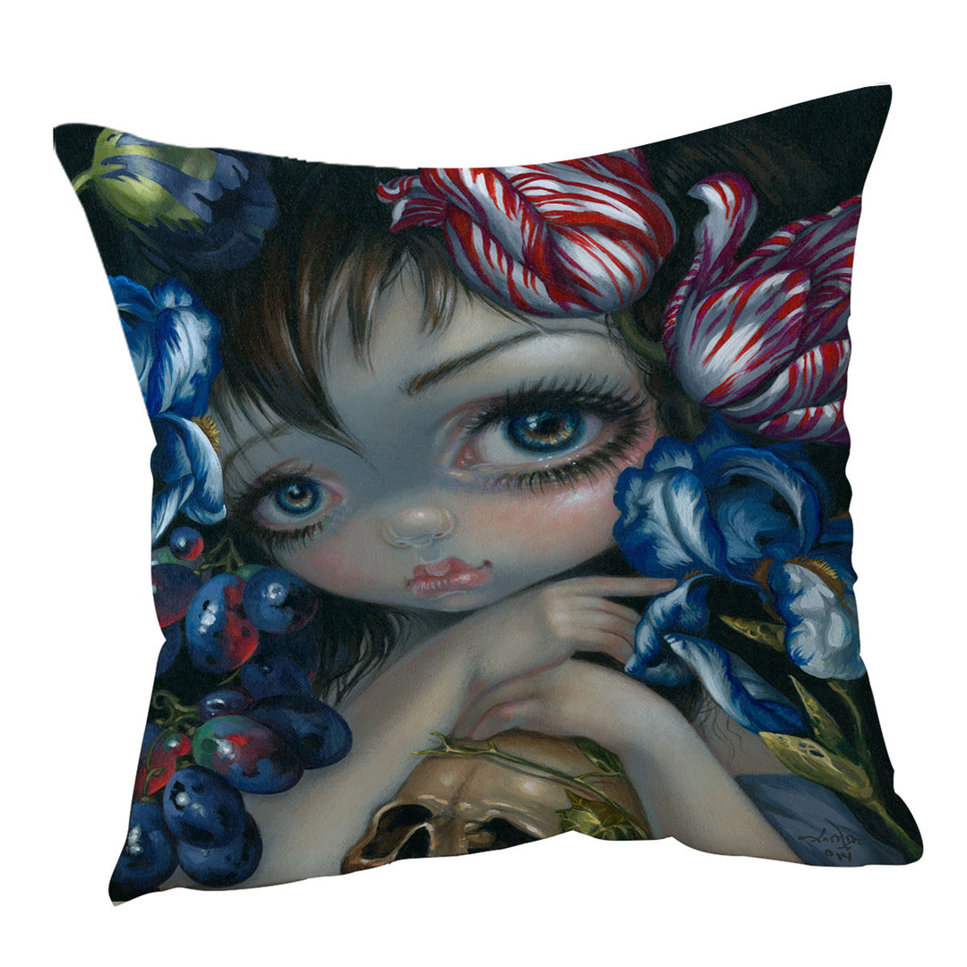 Art Painting Girl with Flower Blossom and Skull Sofa Pillow