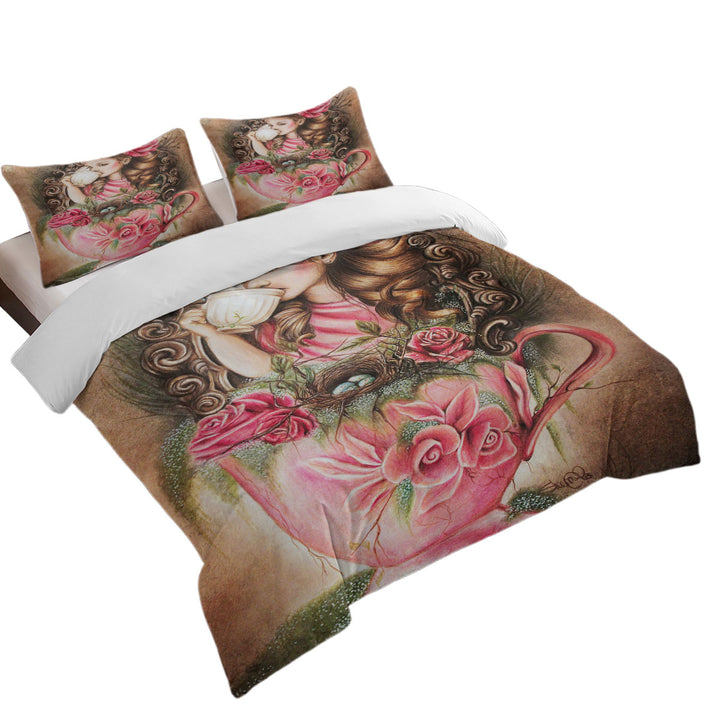 Art Painting Girls Duvet Cover Little Girl Porcelain Cup and Roses