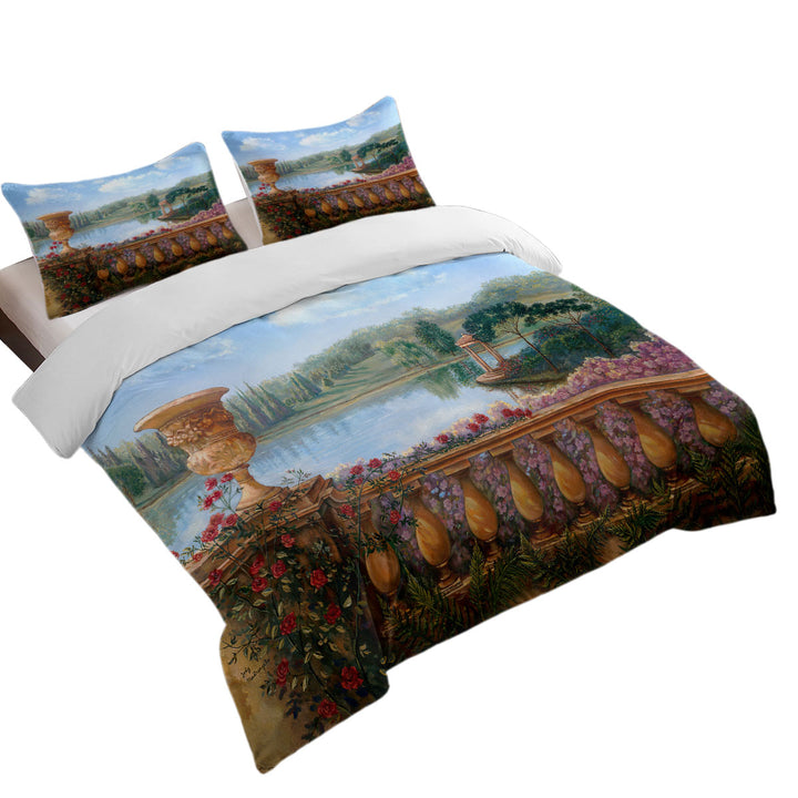 Art Painting Lake Behind a Floral Balustrade Duvet Cover Queen