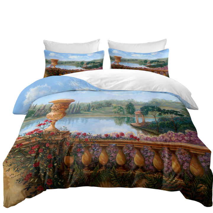 Art Painting Lake Behind a Floral Balustrade Duvet Covers King