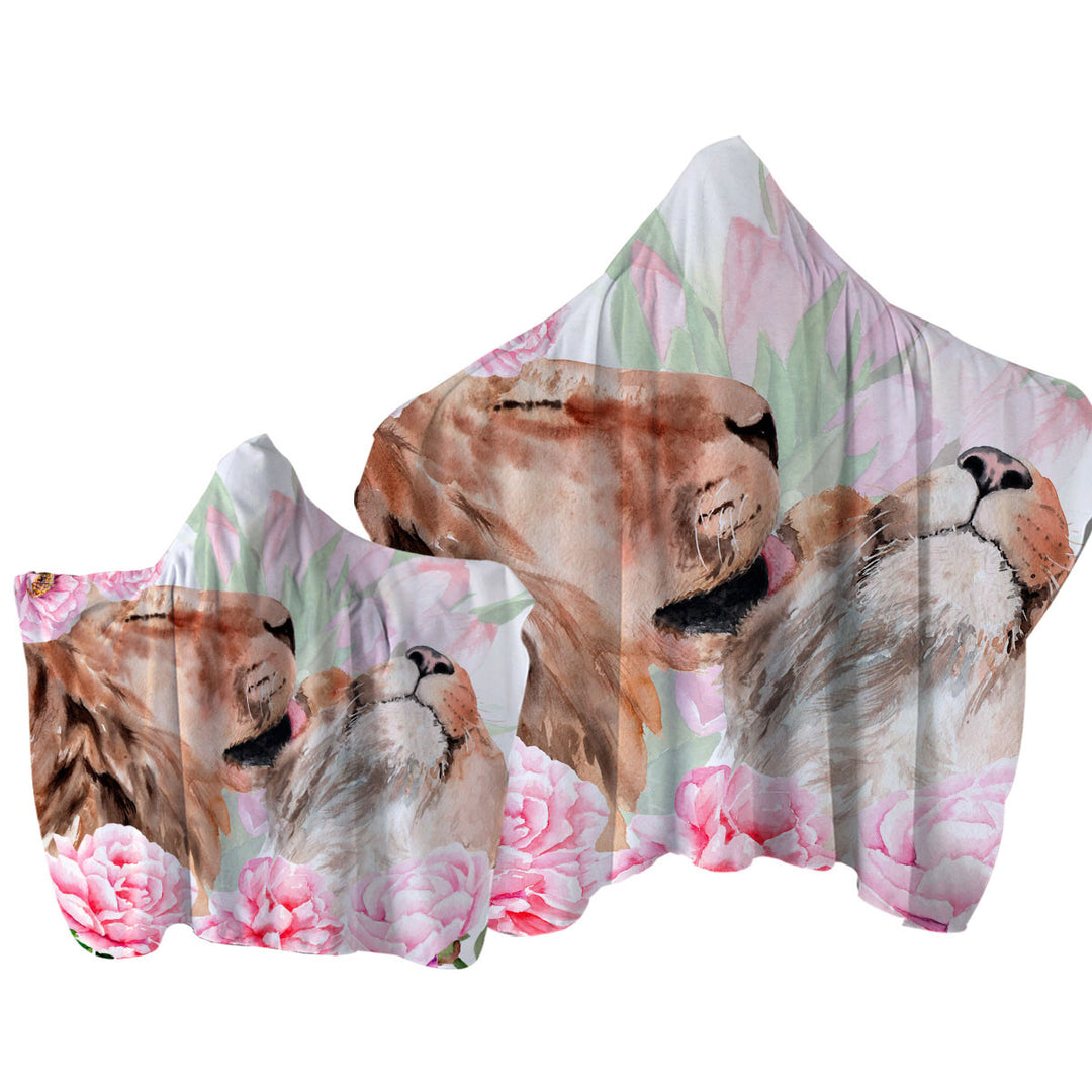 Art Painting Pinkish Flowers and Loving Lions Hooded Beach Towel