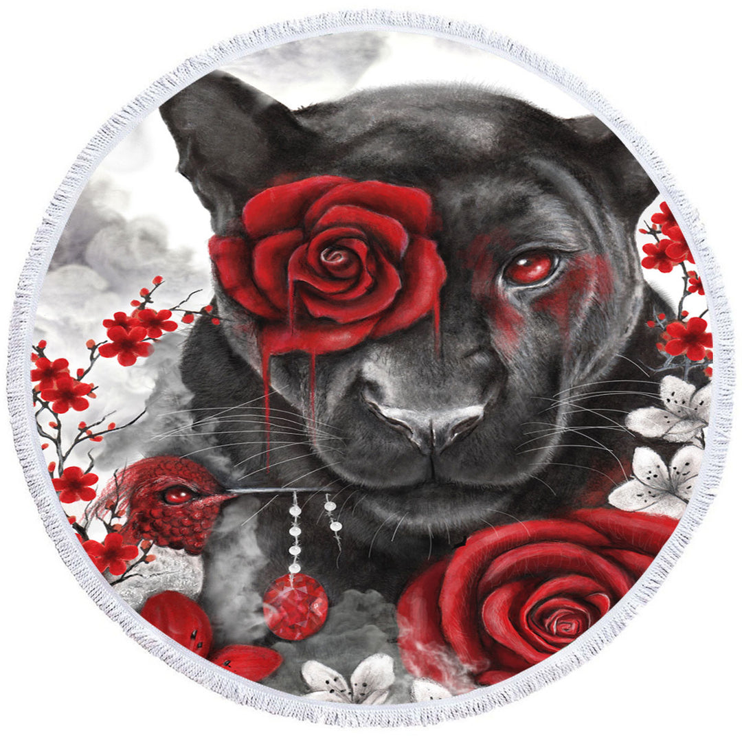 Art Painting Round Beach Towel Ruby Rose Panther and Hummingbird