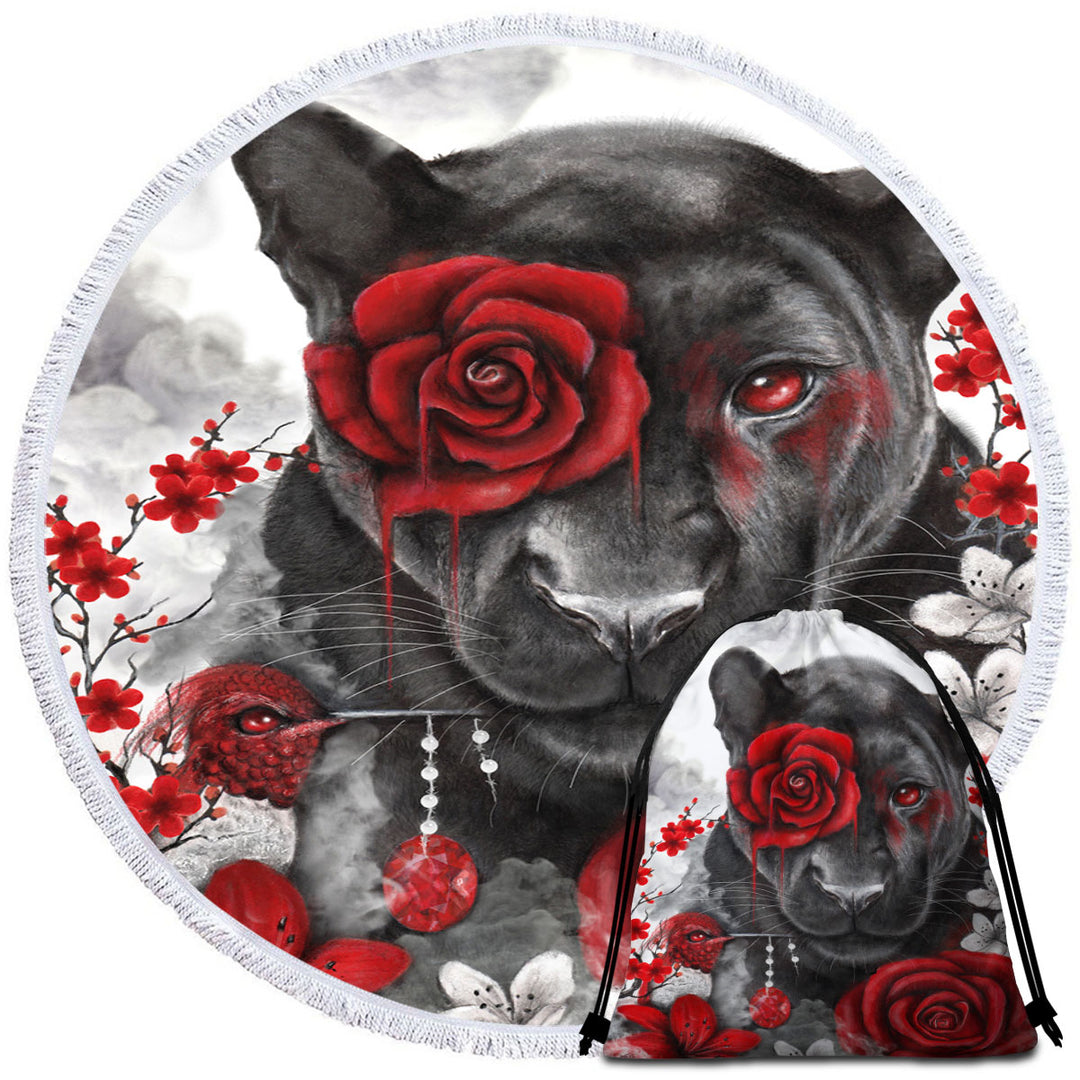 Art Painting Round Towels Ruby Rose Panther and Hummingbird