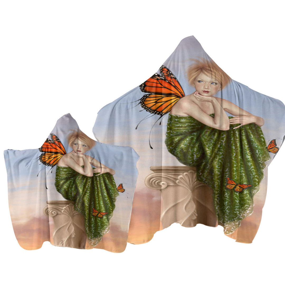 Art Painting Sunrise Butterfly Girl Hooded Beach Towel