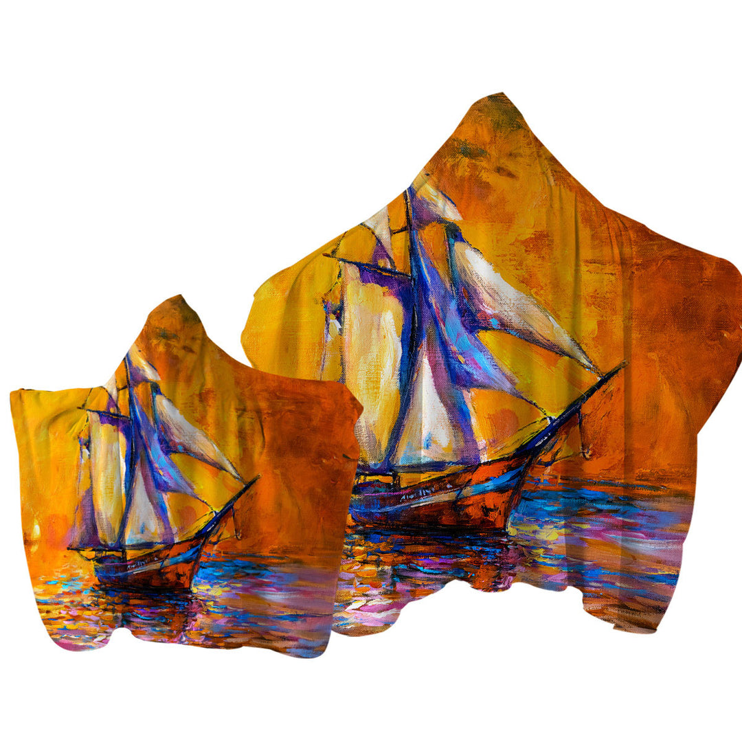 Art Painting Sunset Sailboat Hooded Beach Towel