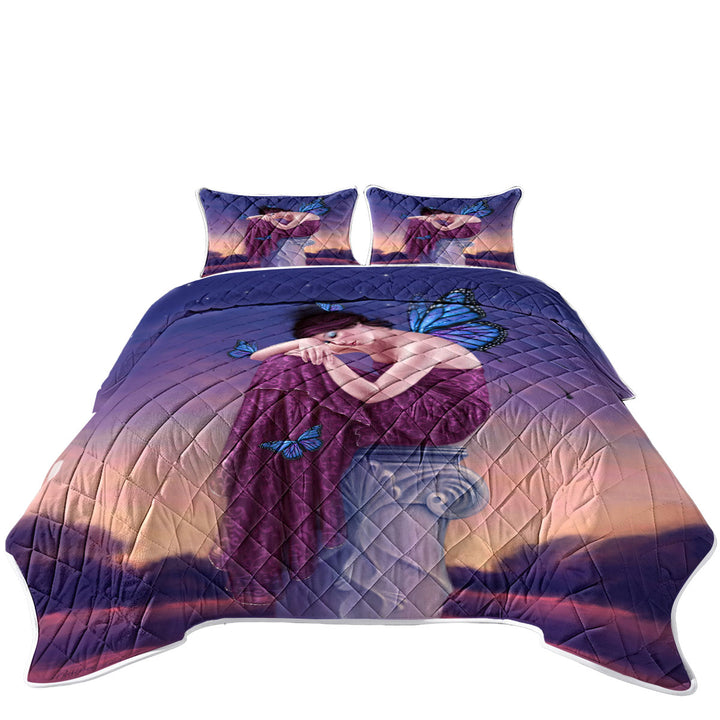 Art Painting Sunset Sleepy Butterfly Girl Quilts