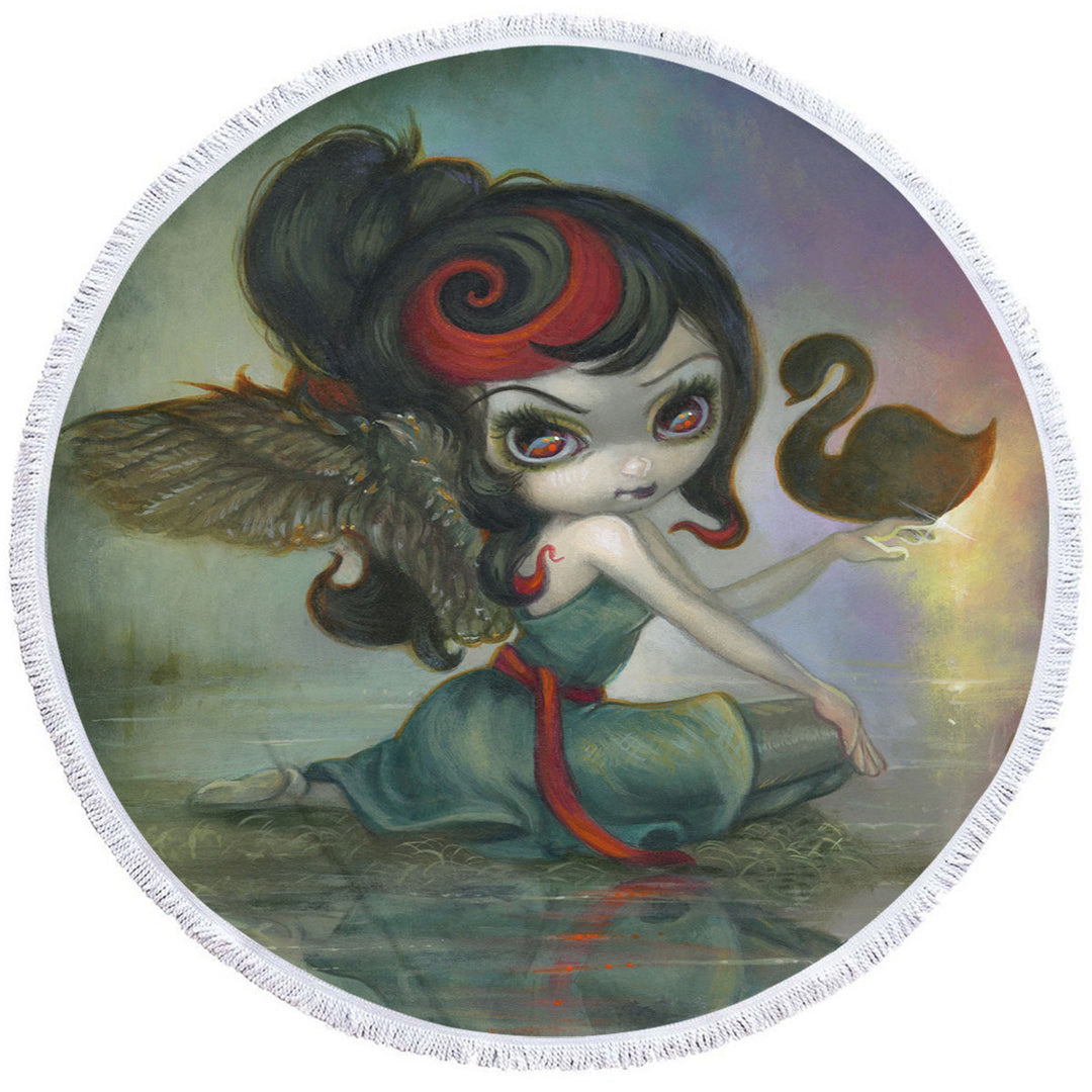 Art Painting Swan Lake Black Swan Ballerina Girl Round Beach Towel