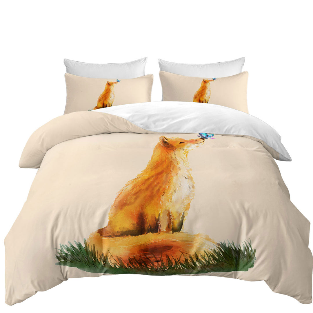 Art Painting Sweet Fox and Butterfly full Size Duvet Cover