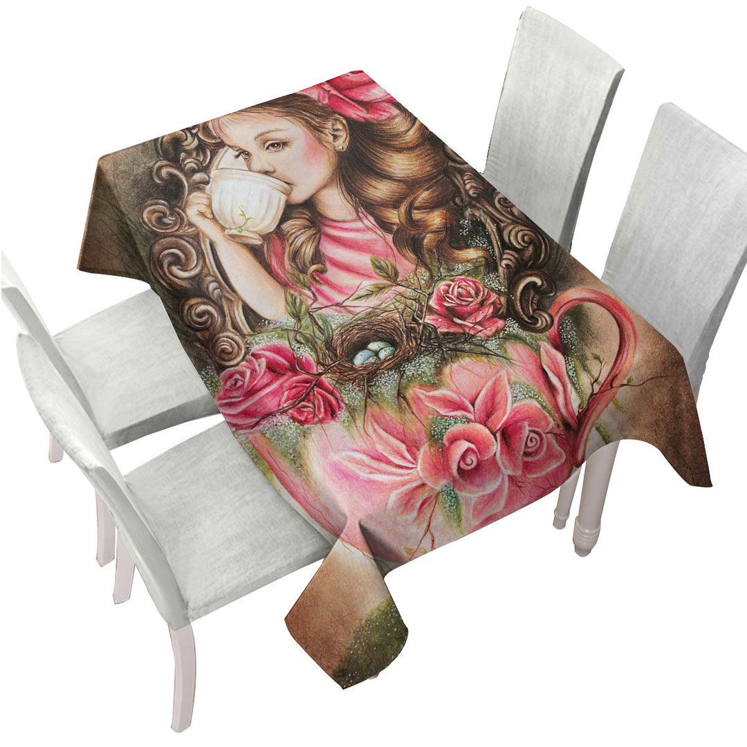 Art Painting Table Cover Little Girl Porcelain Cup and Roses