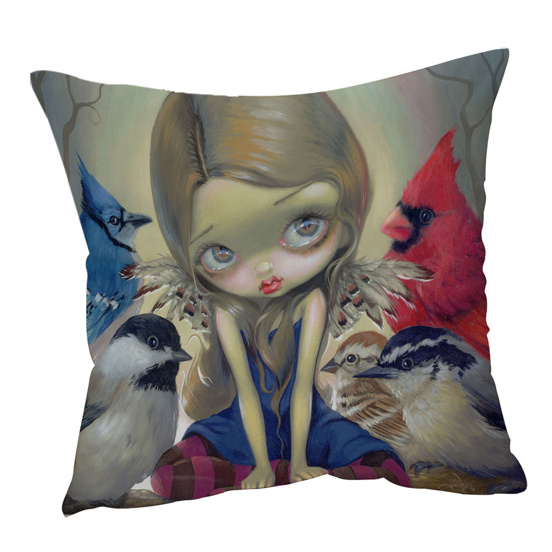 Art Painting Throw Pillow Covers Backyard Birds with a Fairy Friend