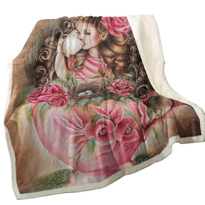 Art Painting Unique Decorative Blankets Little Girl Porcelain Cup and Roses