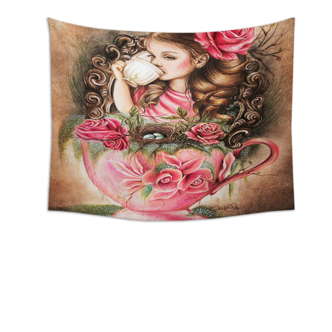 Art Painting Unique Decorative Tapestry Fabric Wall Decor Little Girl Porcelain Cup and Roses