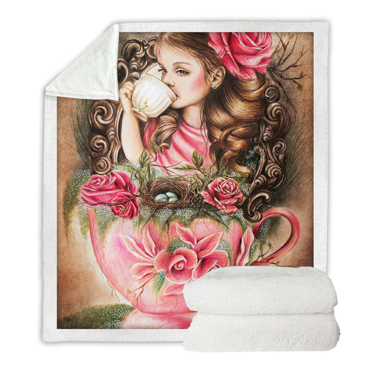 Art Painting Unique Decorative Throws Little Girl Porcelain Cup and Roses