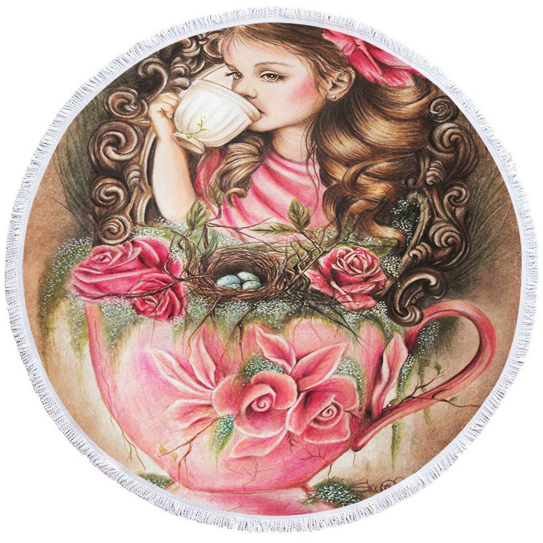 Art Painting Unique Round Beach Towel Little Girl Porcelain Cup and Roses