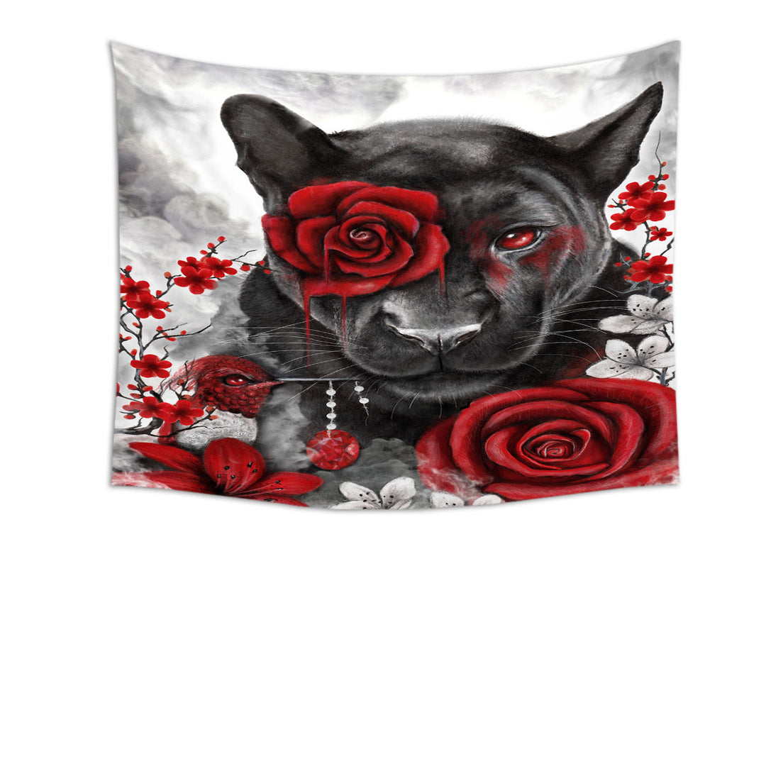 Art Painting Wall Decor Ruby Rose Panther and Hummingbird Tapestry