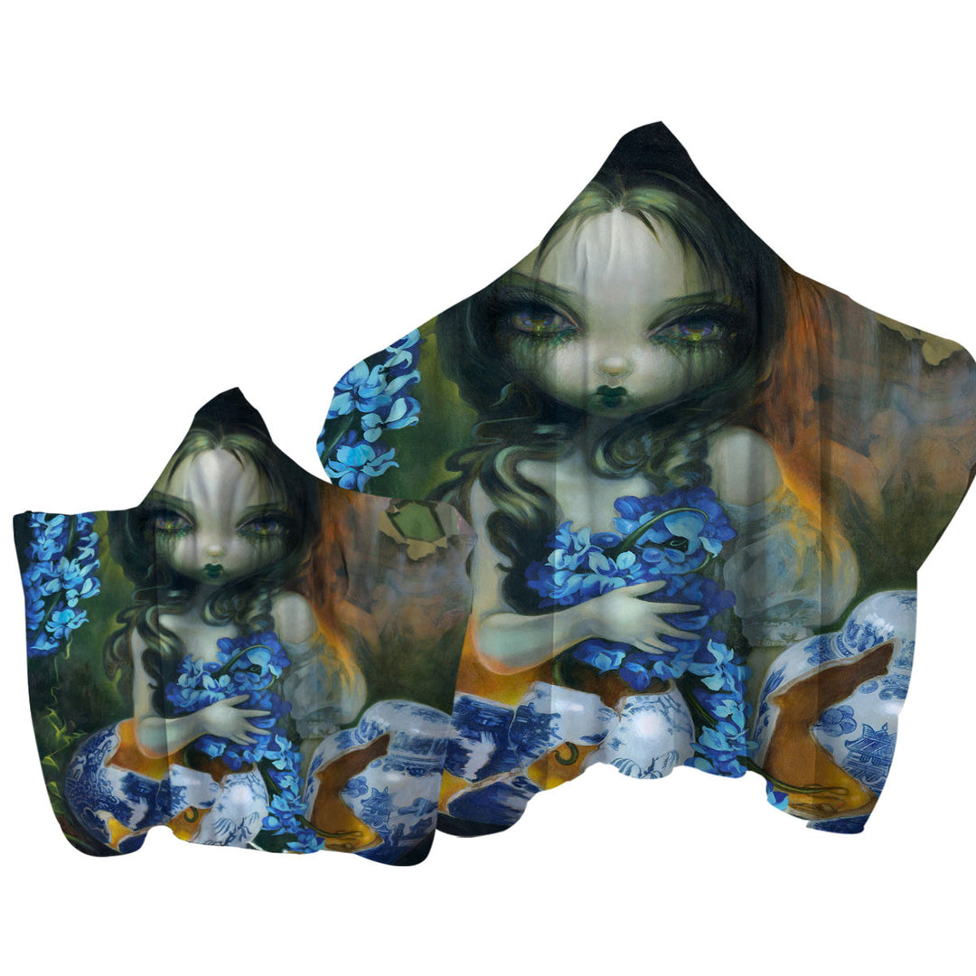 Art Painting Woman with Hyacinth Blue Flowers Hooded Beach Towel