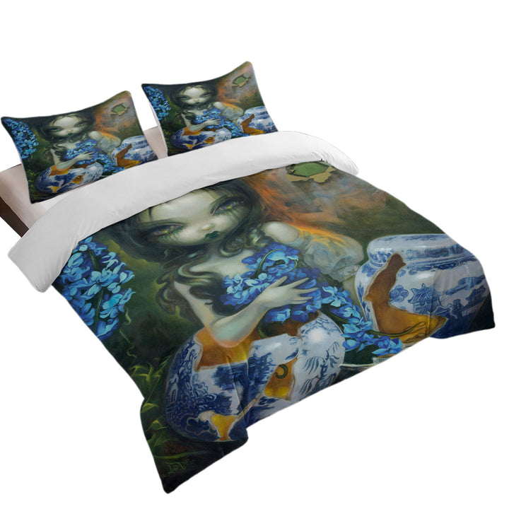 Art Painting Woman with Hyacinth Blue Flowers Oversized King Duvet Cover