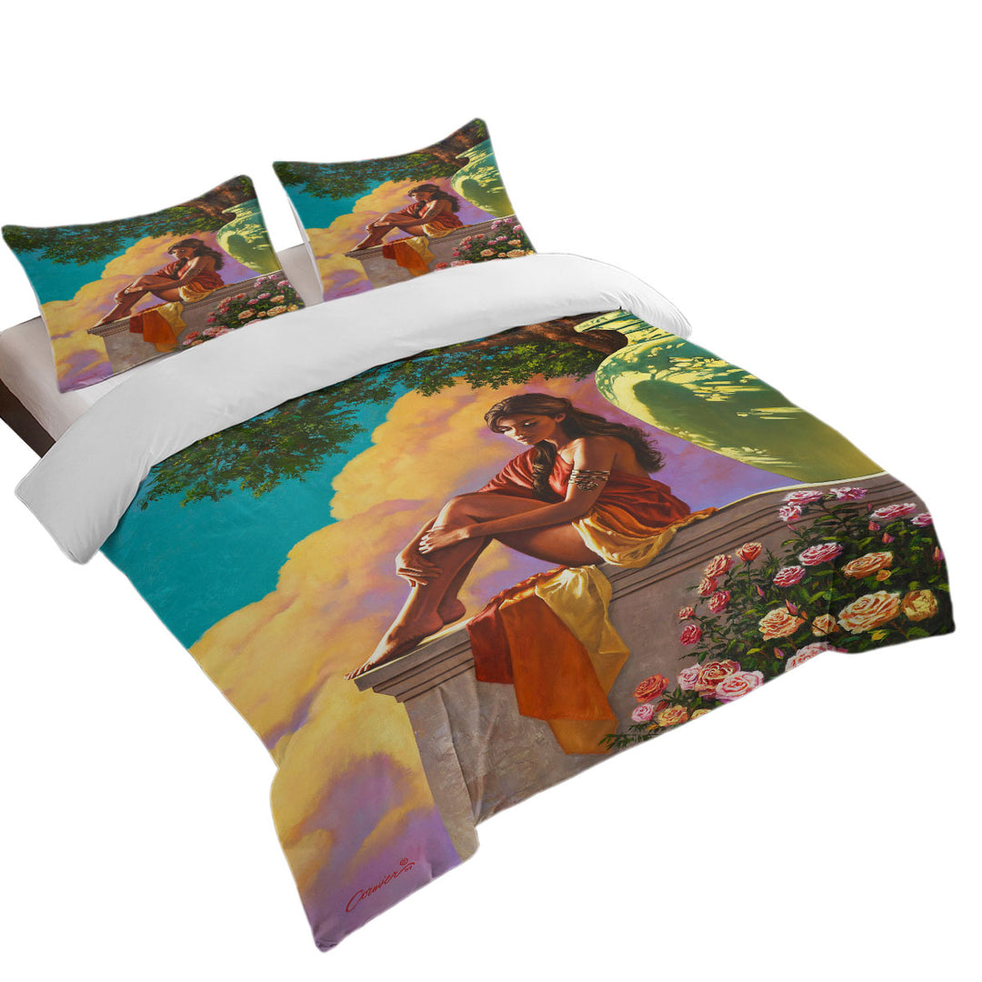 Art Painting of Roses and Beautiful Girl Duvet Covers King