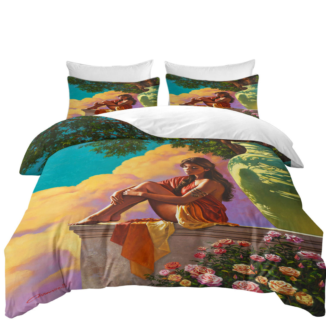 Art Painting of Roses and Beautiful Girl Good Duvet Covers