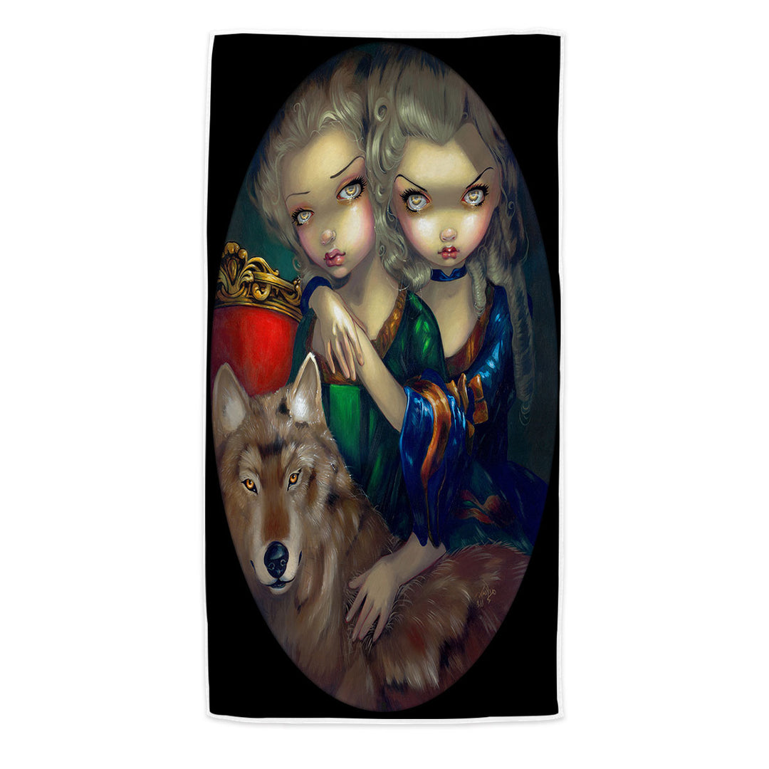 Art Pool Towels Loup Garou Beautiful Girls Twins and Their Wolf