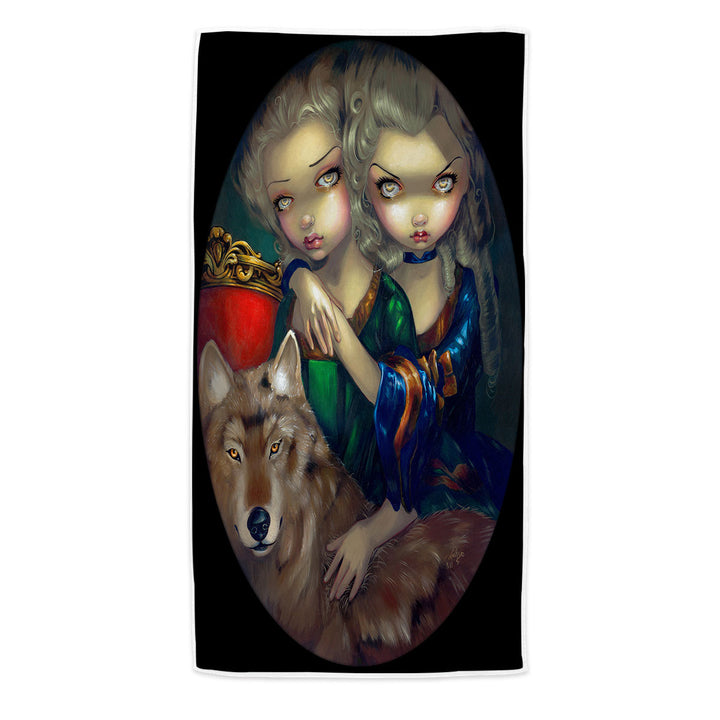 Art Pool Towels Loup Garou Beautiful Girls Twins and Their Wolf