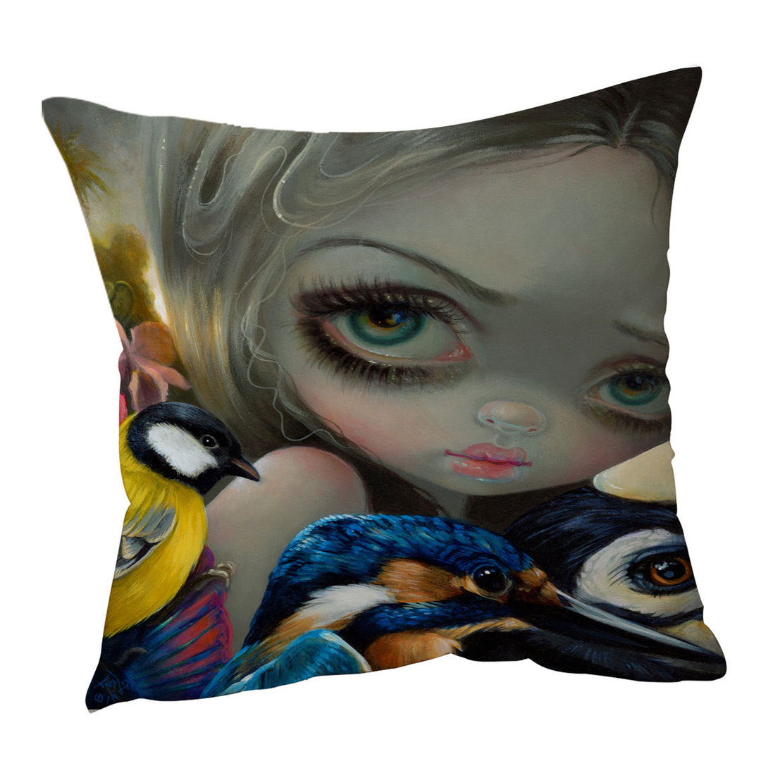 Art Throw Pillows Painted Birdsong Beautiful Maiden and Birds