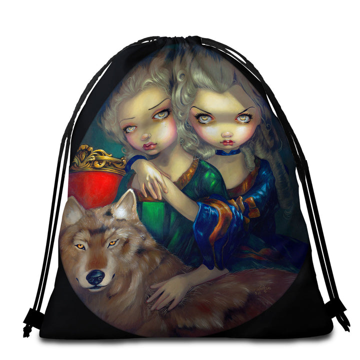 Art Travel Beach Towel Loup Garou Beautiful Girls Twins and Their Wolf