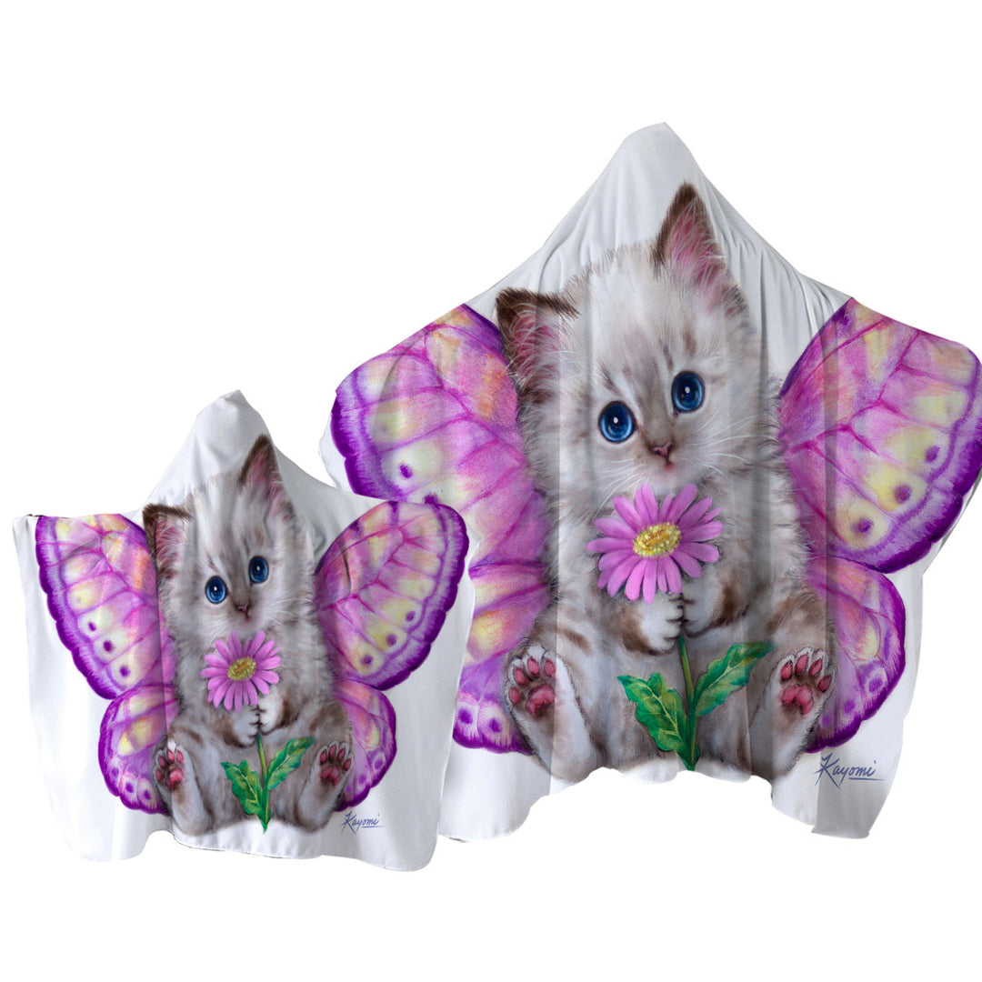 Artistic Designs Girly Purplish Butterfly Kitten Hooded Beach Towel