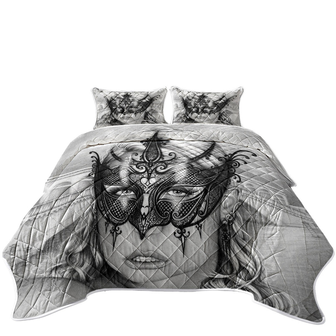 Artistic Pencil Drawing Venice Masked Woman California King Quilt Sets