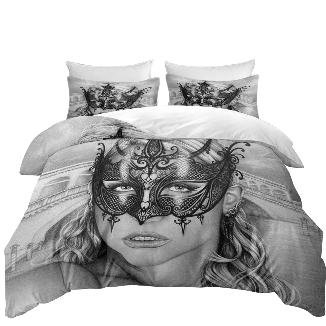 Artistic Pencil Drawing Venice Masked Woman Duvet Cover Queen