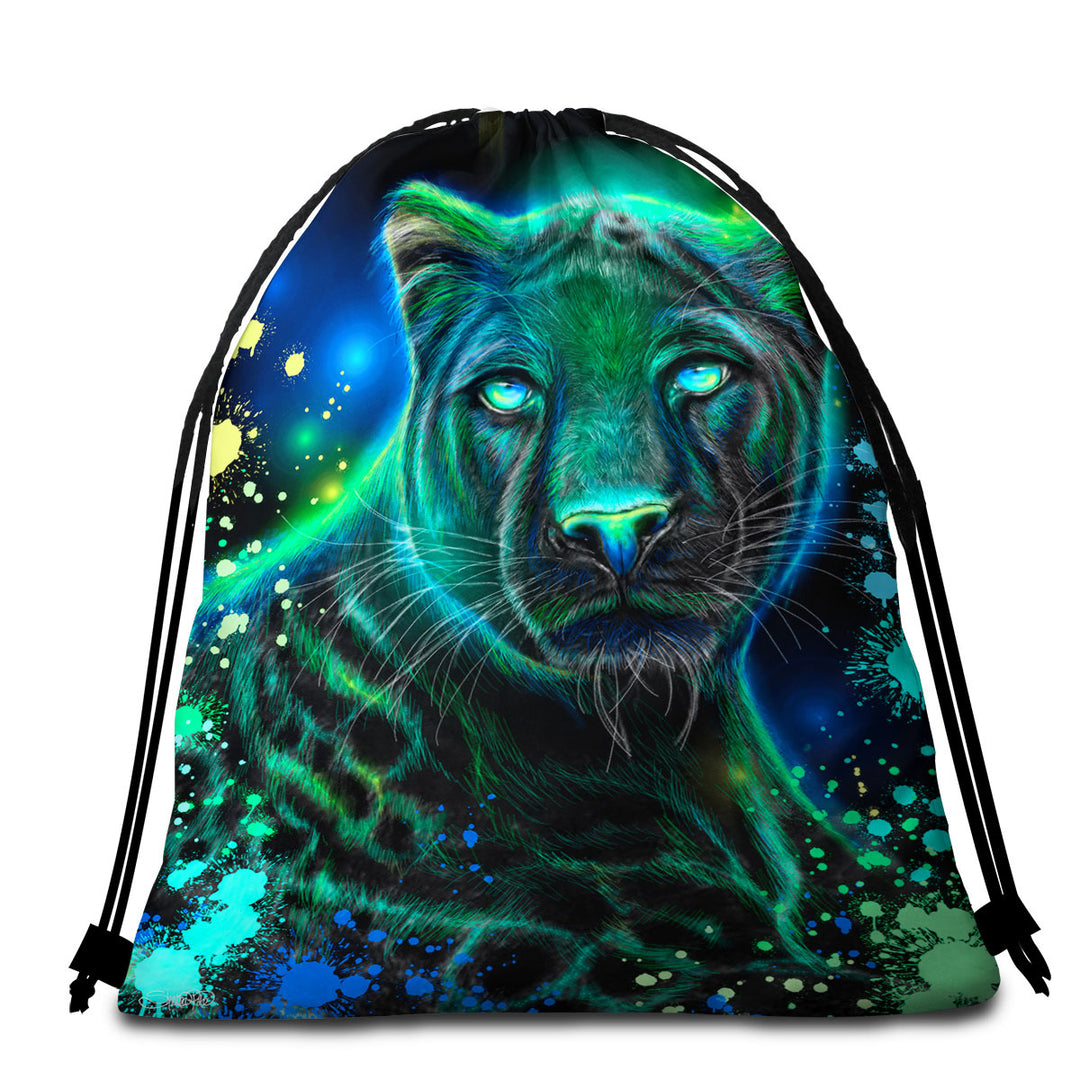 Artwork Neon Blue Green Panther Beach Towels and Bags Set