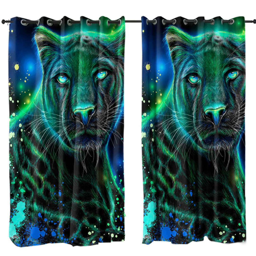 Artwork Neon Blue Green Panther Curtains