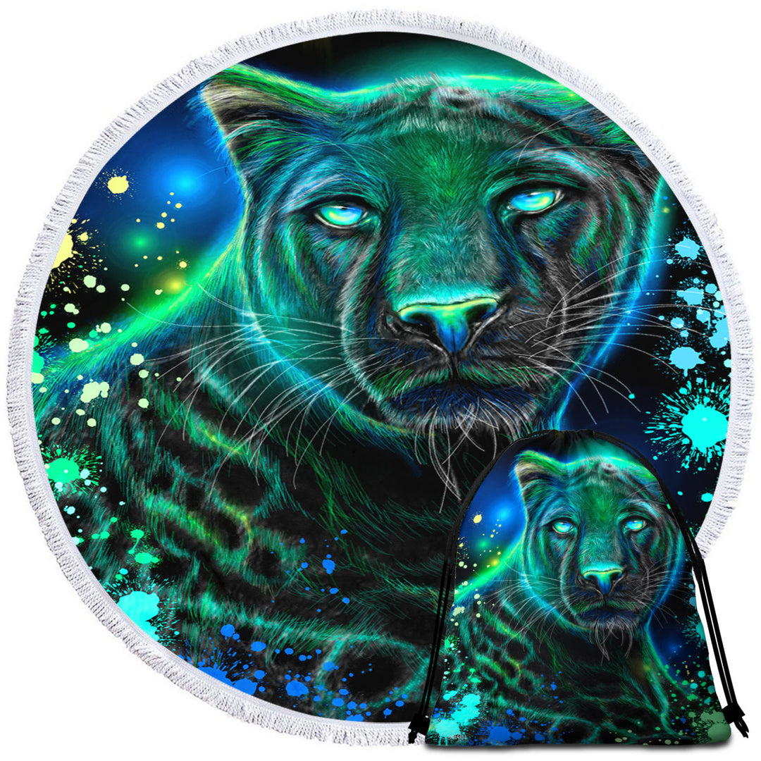 Artwork Neon Blue Green Panther Round Beach Towel