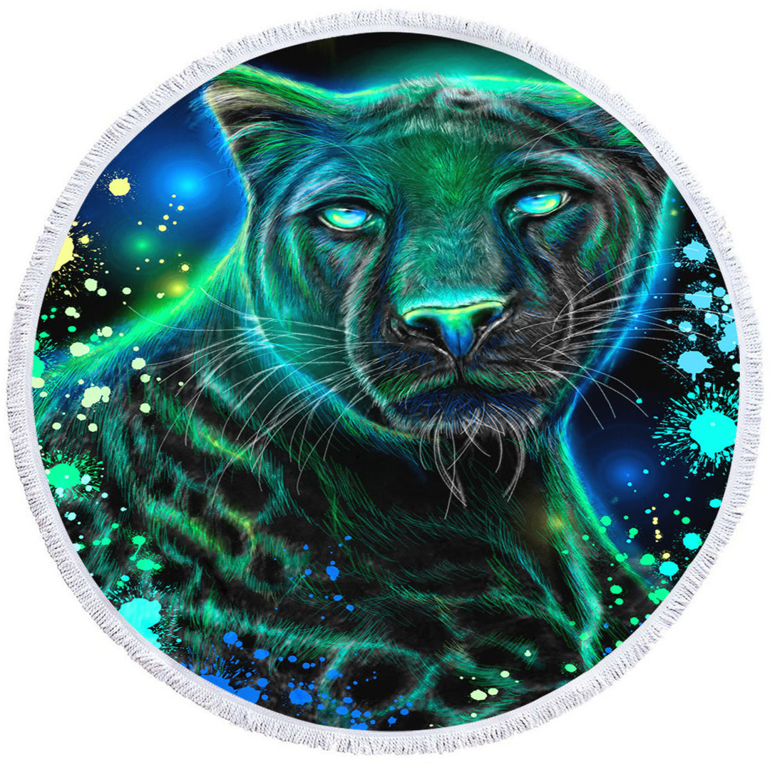 Artwork Neon Blue Green Panther Round Towel