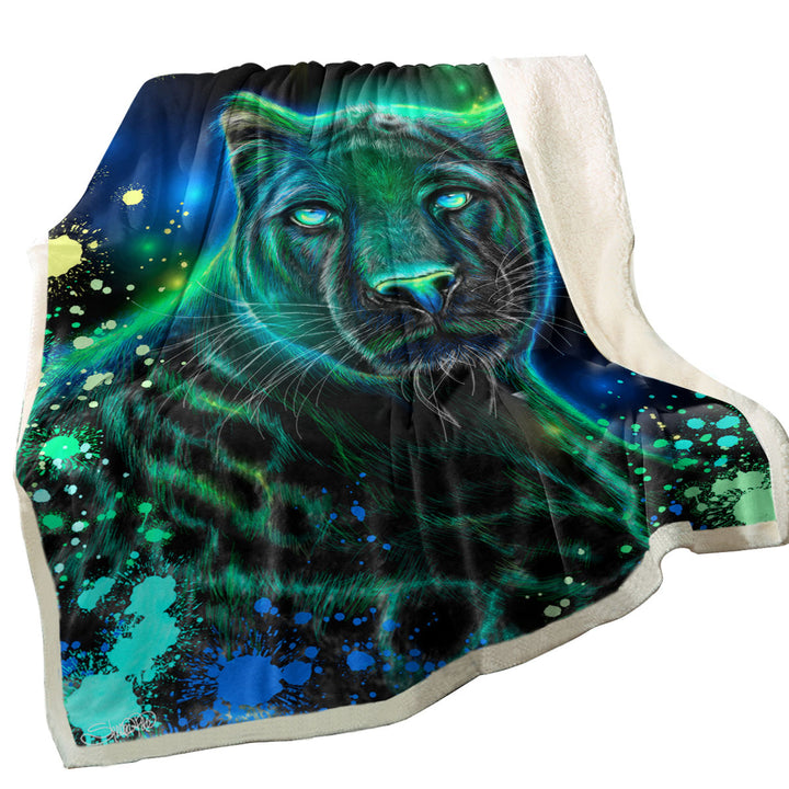 Artwork Neon Blue Green Panther Sherpa Blanket