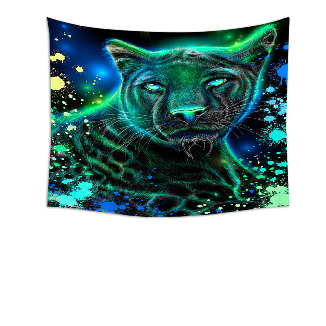 Artwork Neon Blue Green Panther Tapestry