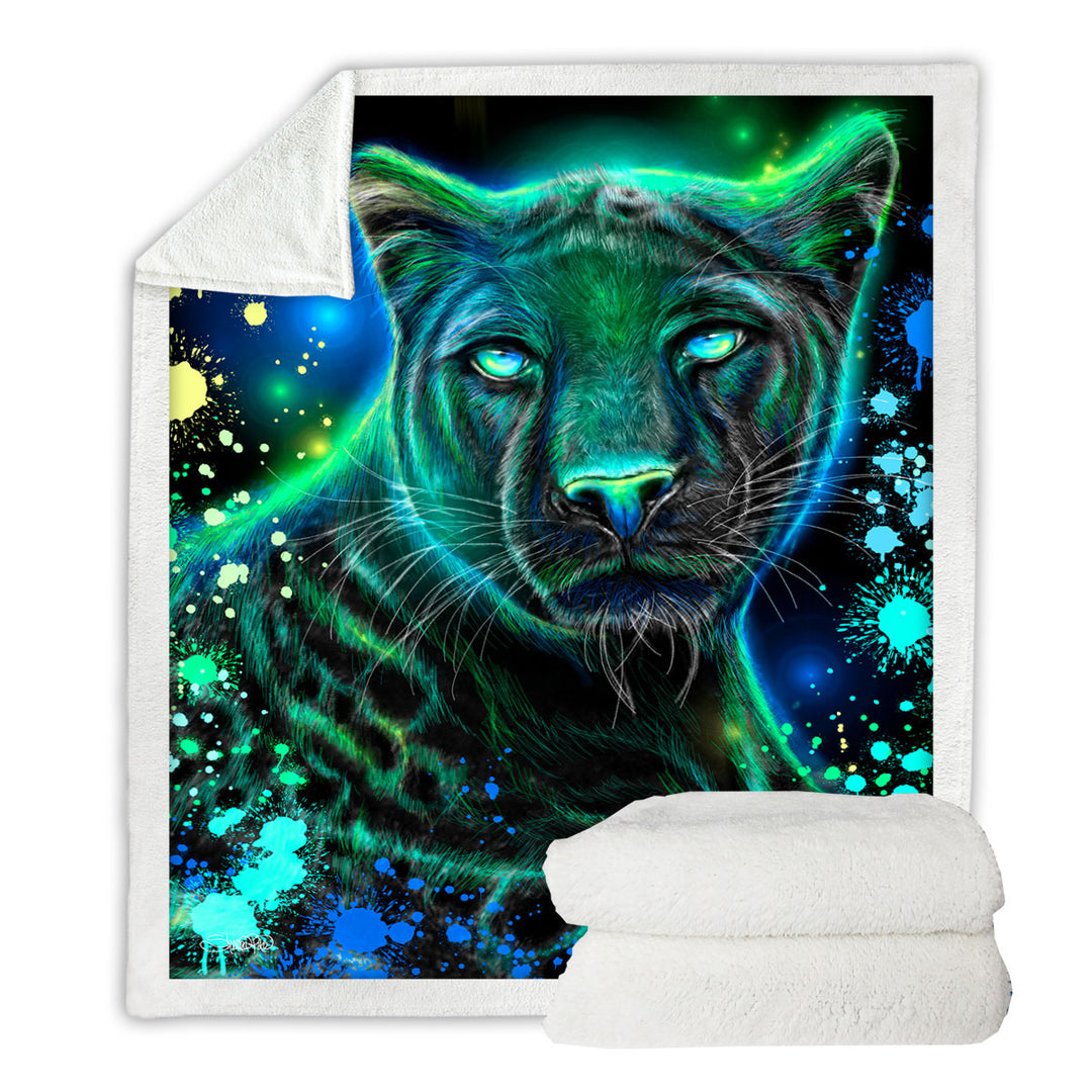 Artwork Neon Blue Green Panther Throw Blanket